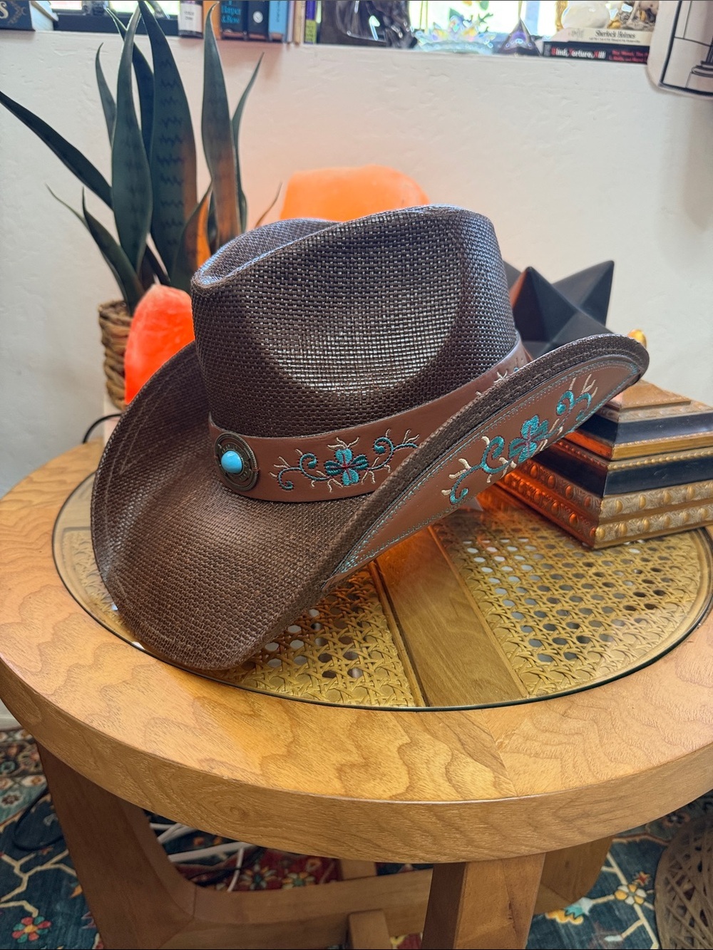 YUMI Brown Western Cowboy Hat Turquoise Embroidered NWT